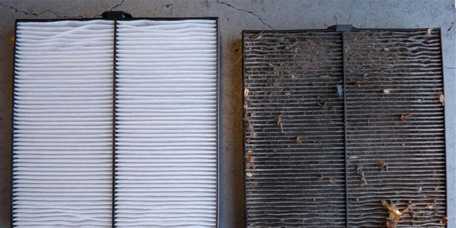 Air filters comparison between a new clean filter and old dirty filter
